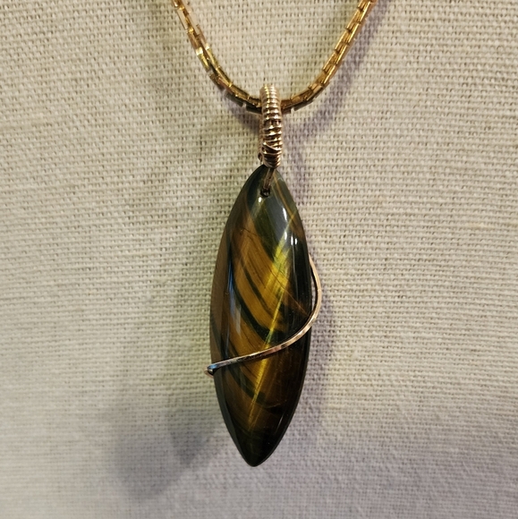 None Jewelry - Wire Wrapped Tiger Eye Pendant Necklace on Gold Plated " Chain.
